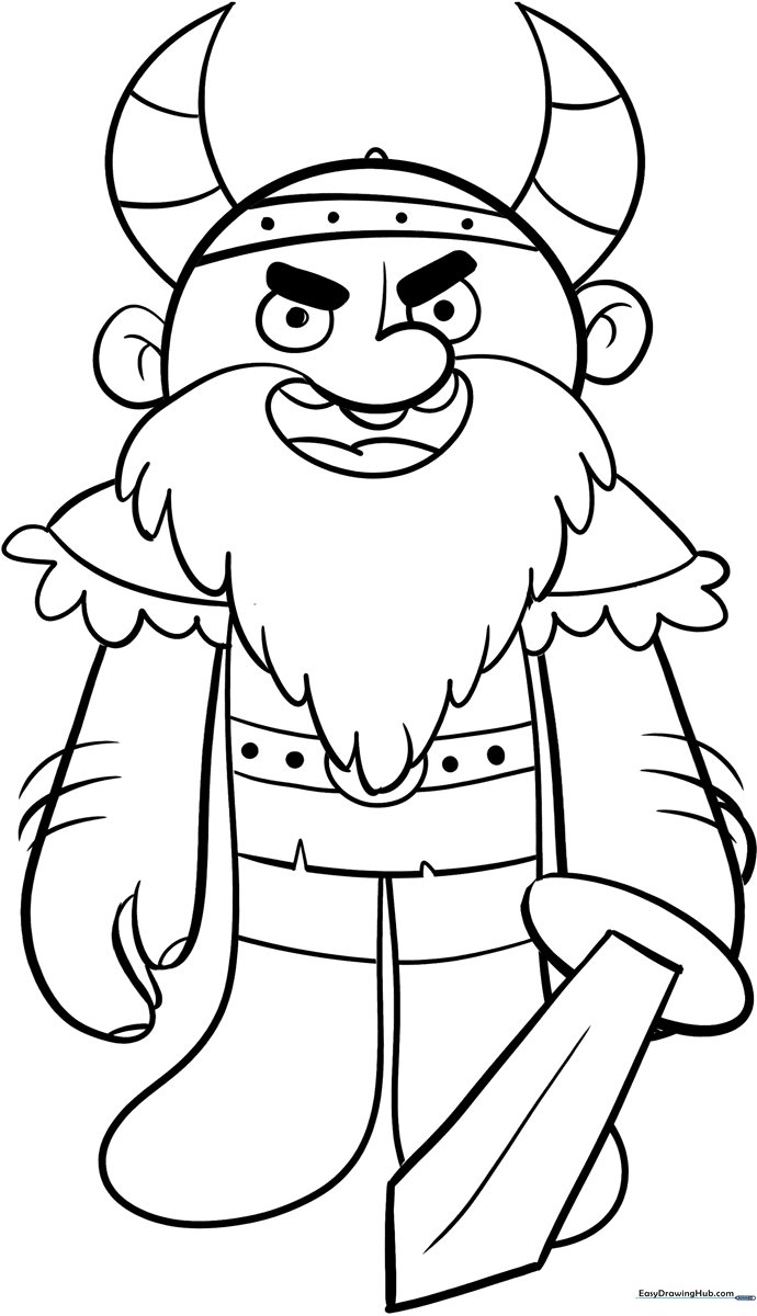 Line art illustration of a friendly cartoon Viking wearing a horned helmet and holding a round shield, ready for coloring.