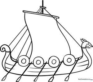 Black and white line art of a classic Viking longship with a striped sail, decorative shields along the hull, and stylized ocean waves.