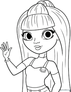Black and white line art of Violet from Rainbow High, featuring her iconic hairstyle and fashionable outfit, ready for coloring.