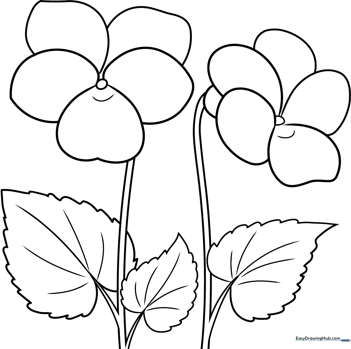 Black and white line art of a cluster of violets with heart-shaped leaves, designed for children to color with markers or crayons.