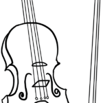 Black and white line art of a violin with a bow, featuring clear outlines for easy coloring by children.