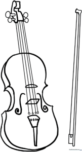 Black and white line art of a violin with a bow, featuring clear outlines for easy coloring by children.