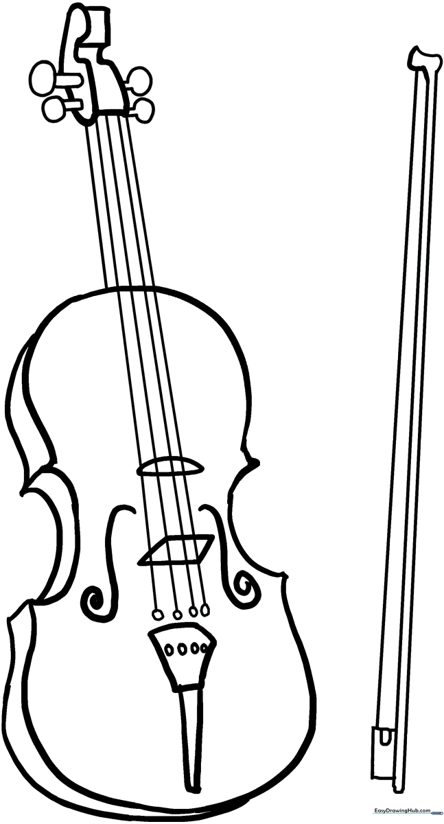 Black and white line art of a violin with a bow, featuring clear outlines for easy coloring by children.