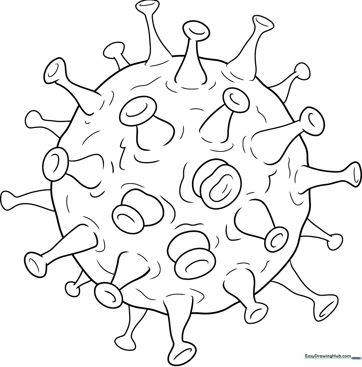 Cartoon virus illustration with distinct geometric protein spikes, designed for children to color and learn about microscopic structures.