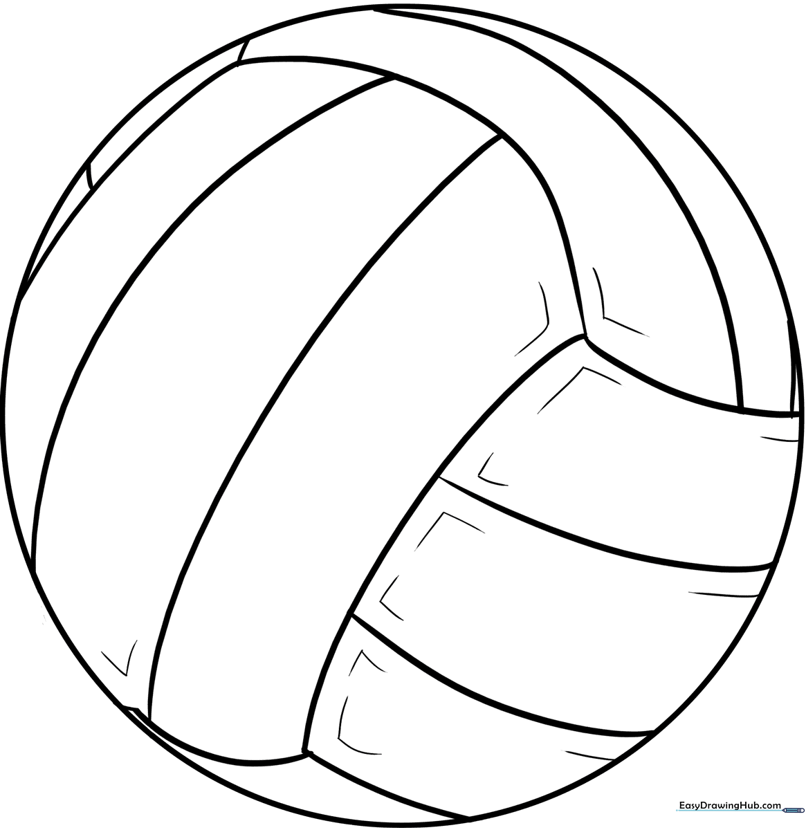 A clean, bold-lined illustration of a classic volleyball, featuring distinct panels ready for coloring, designed for children to practice staying within the lines.