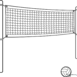 Black and white line art of a volleyball net with a visible mesh pattern, designed for children to color with crayons or markers.