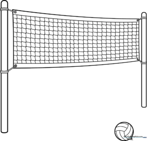 Black and white line art of a volleyball net with a visible mesh pattern, designed for children to color with crayons or markers.