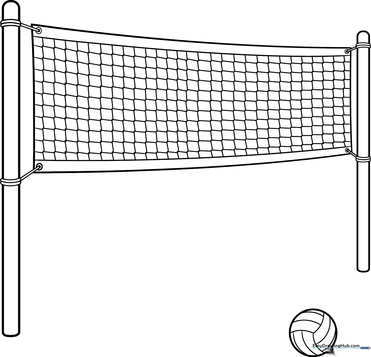 Black and white line art of a volleyball net with a visible mesh pattern, designed for children to color with crayons or markers.