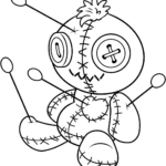 Line art of a cute, stitched-up Voodoo doll with button eyes and a heart patch, ready for coloring.