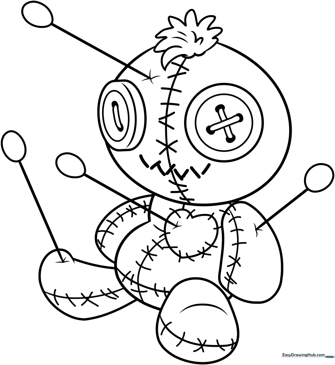 Line art of a cute, stitched-up Voodoo doll with button eyes and a heart patch, ready for coloring.