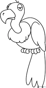 A friendly cartoon vulture with large eyes and a hooked beak, outlined in bold black lines for easy coloring by children.