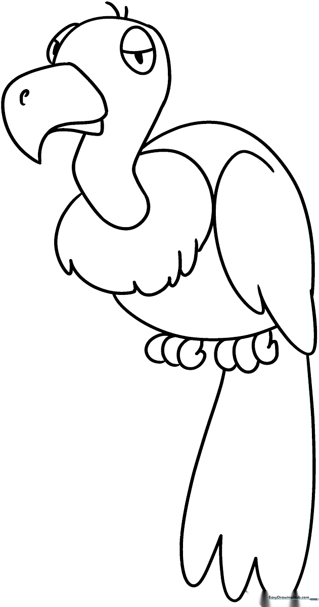 A friendly cartoon vulture with large eyes and a hooked beak, outlined in bold black lines for easy coloring by children.