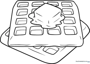 A clean, black-and-white line art illustration of a square waffle with a pat of butter on top, designed for children to color.