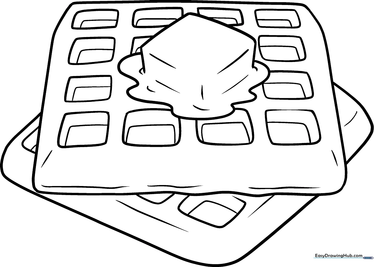 A clean, black-and-white line art illustration of a square waffle with a pat of butter on top, designed for children to color.