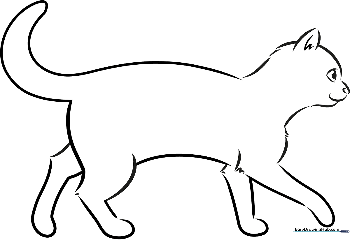 Clean black and white line art of a cat walking forward, featuring clear outlines suitable for young children to color with crayons or markers.