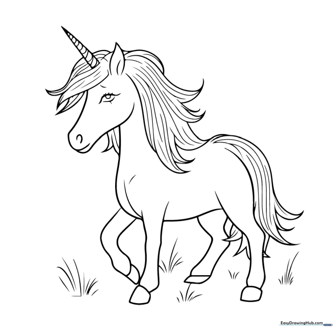 Black and white line art of a friendly unicorn walking, featuring a flowing mane and tail, designed for children to color.
