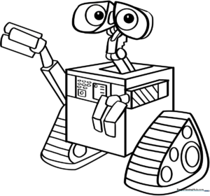 Black and white line art of Wall-E the robot with his expressive binocular eyes and boxy frame, ready for children to color.