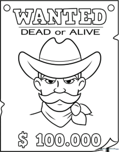 Printable Wanted Poster coloring page featuring bold outlines, a blank space for a character portrait, and classic Western-style typography.