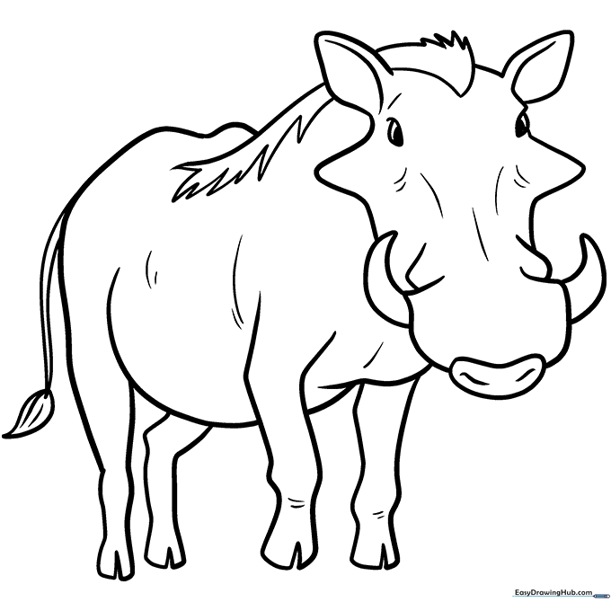 A friendly cartoon warthog with large tusks and a curly tail, featuring bold outlines perfect for children to color.