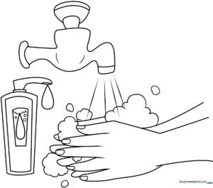 Line art illustration of two hands being washed with soap bubbles, designed for children to color.