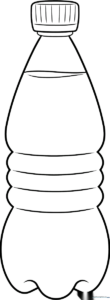 A clean, black-and-white line art illustration of a reusable water bottle with a cap, designed for children to color.