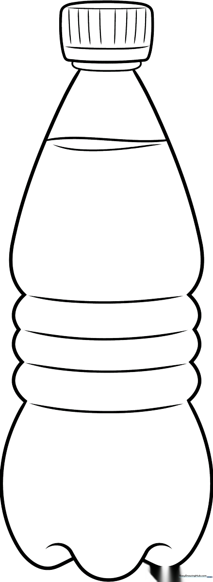 A clean, black-and-white line art illustration of a reusable water bottle with a cap, designed for children to color.