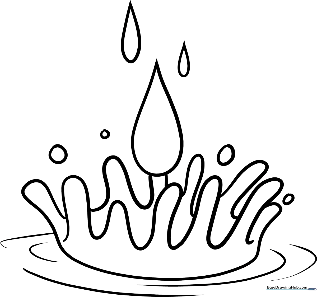 Black and white line art of multiple water droplets with rounded tops and pointed bottoms, ready for children to color.