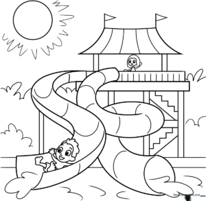 Black and white line art of a winding water slide, featuring clear outlines for children to color and practice staying within the lines.