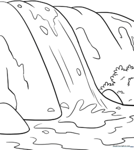 Black and white line art of a cascading waterfall with surrounding rocks and foliage, designed for children to color.