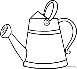 Black and white line art of a classic garden watering can with a long spout and handle, ready for children to color.