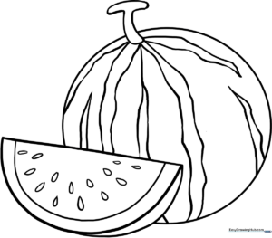 A clean, black-and-white line drawing of a triangular watermelon slice with a thick rind, ready for children to color.
