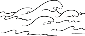 Black and white line art of rolling ocean waves with distinct crests, designed for children to practice coloring patterns and water textures.