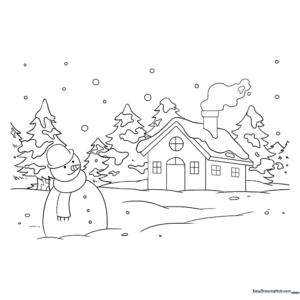 Winter landscape with snowman and trees for kids to color
