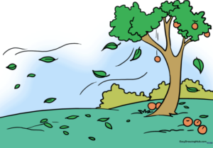 Colorful autumn landscape drawing featuring wind-blown trees and falling leaves on a path.