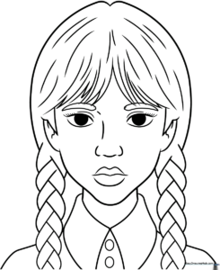 Line art illustration of Wednesday Addams with her signature braided hair, ready for coloring with markers or crayons.