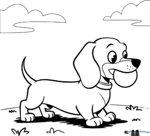 A cute cartoon Dachshund with long ears and a wagging tail chasing a round ball, featuring clean bold outlines for easy coloring.