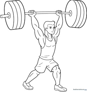 A cartoon weightlifter holding a barbell overhead, featuring clear outlines for easy coloring by children.