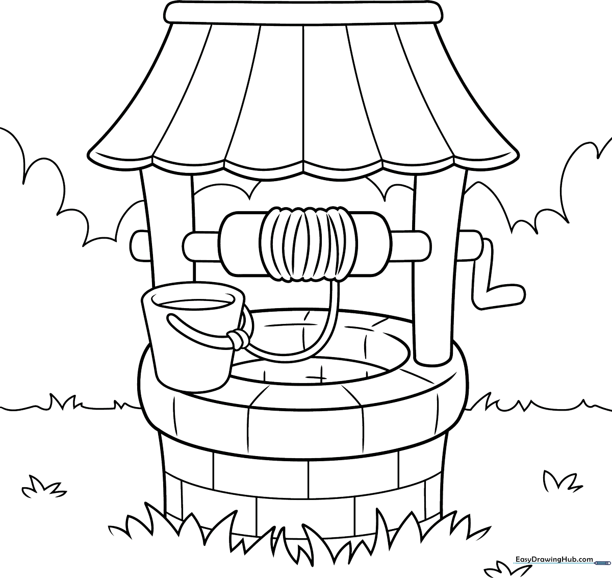 Black and white line art of a rustic stone well with a wooden bucket and pulley, designed for children to color.