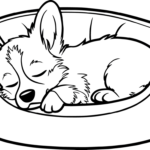 Black and white line art of a curled-up Welsh Corgi puppy sleeping, featuring clear outlines for easy coloring by children.