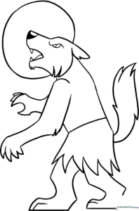 Detailed line art of a friendly werewolf character standing upright, featuring thick outlines perfect for coloring with markers or crayons.