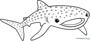 Black and white line art of a friendly whale shark with distinct spots, designed for children to color.