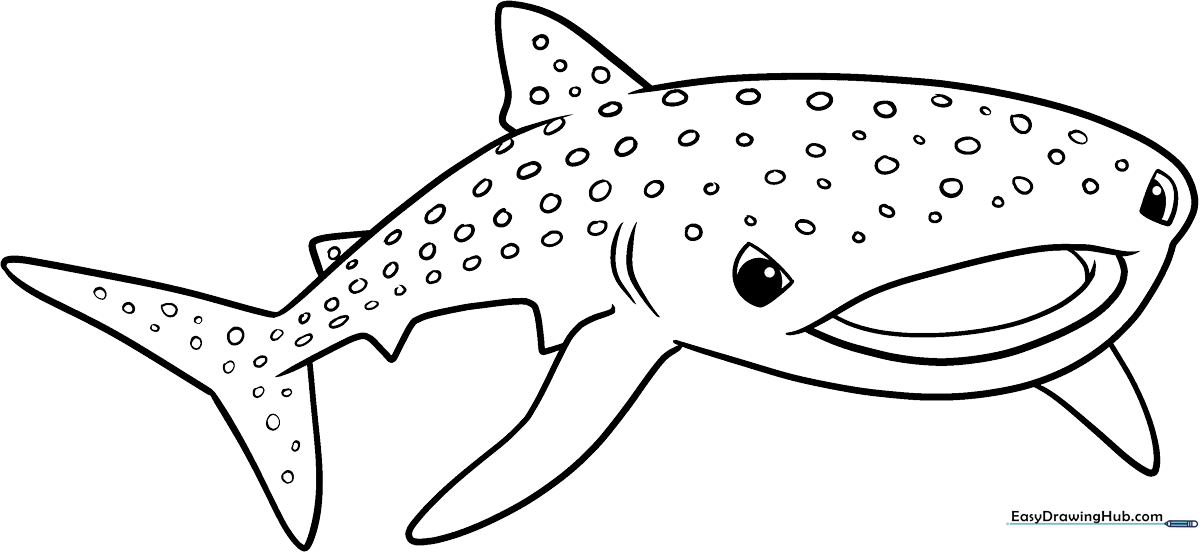 Black and white line art of a friendly whale shark with distinct spots, designed for children to color.
