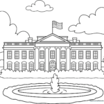 Black and white line art of the White House featuring clear columns and a classic facade, designed for children to color.