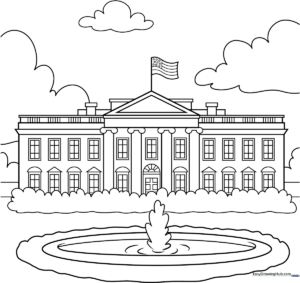 Black and white line art of the White House featuring clear columns and a classic facade, designed for children to color.