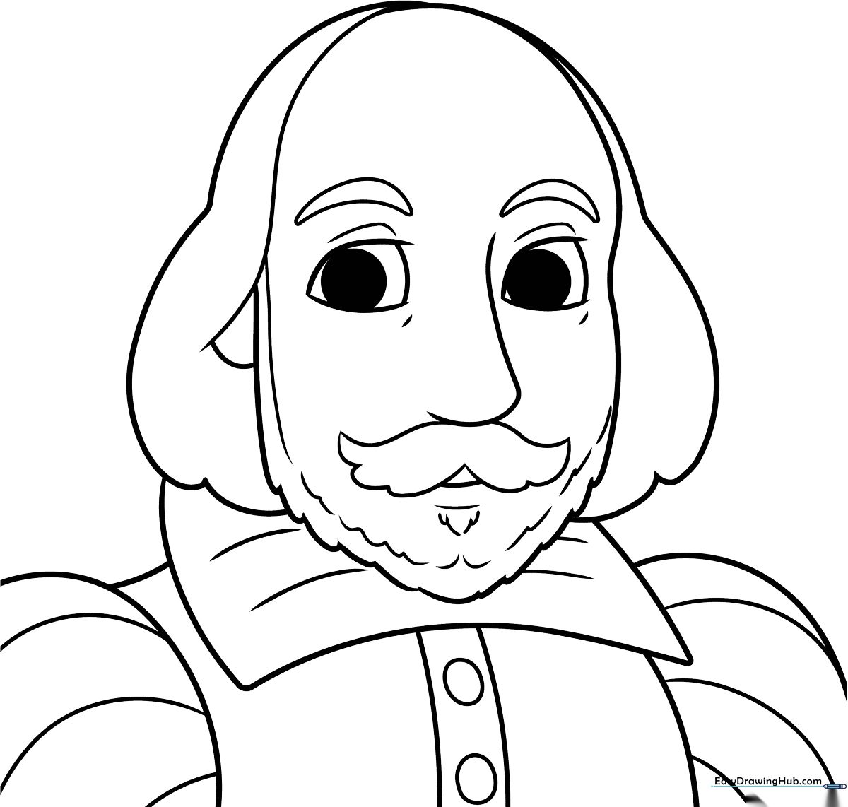 A friendly, cartoon-style line art illustration of William Shakespeare wearing a traditional ruffled collar, ready for children to color.
