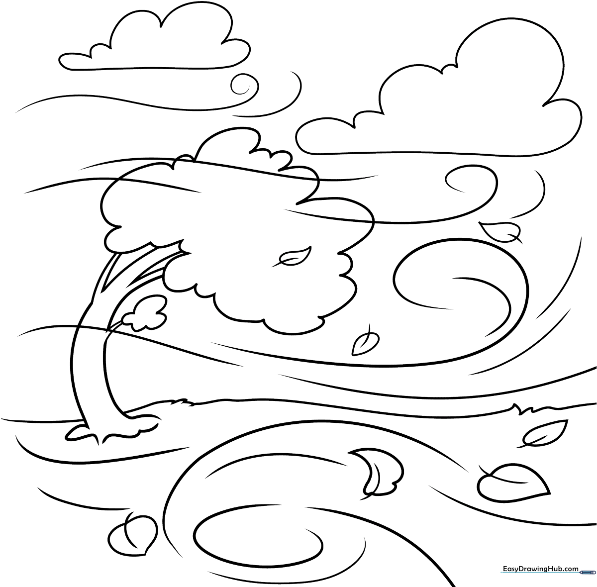A friendly, cartoon-style wind character with swirling facial features and flowing lines, ready for children to color.