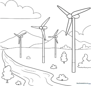 Black and white line art of a wind turbine with three large blades, designed for children to color with crayons or markers.