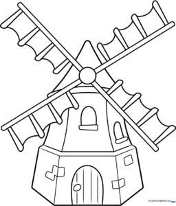 Black and white line art of a classic windmill with large sails, designed for children to color and practice staying within the lines.