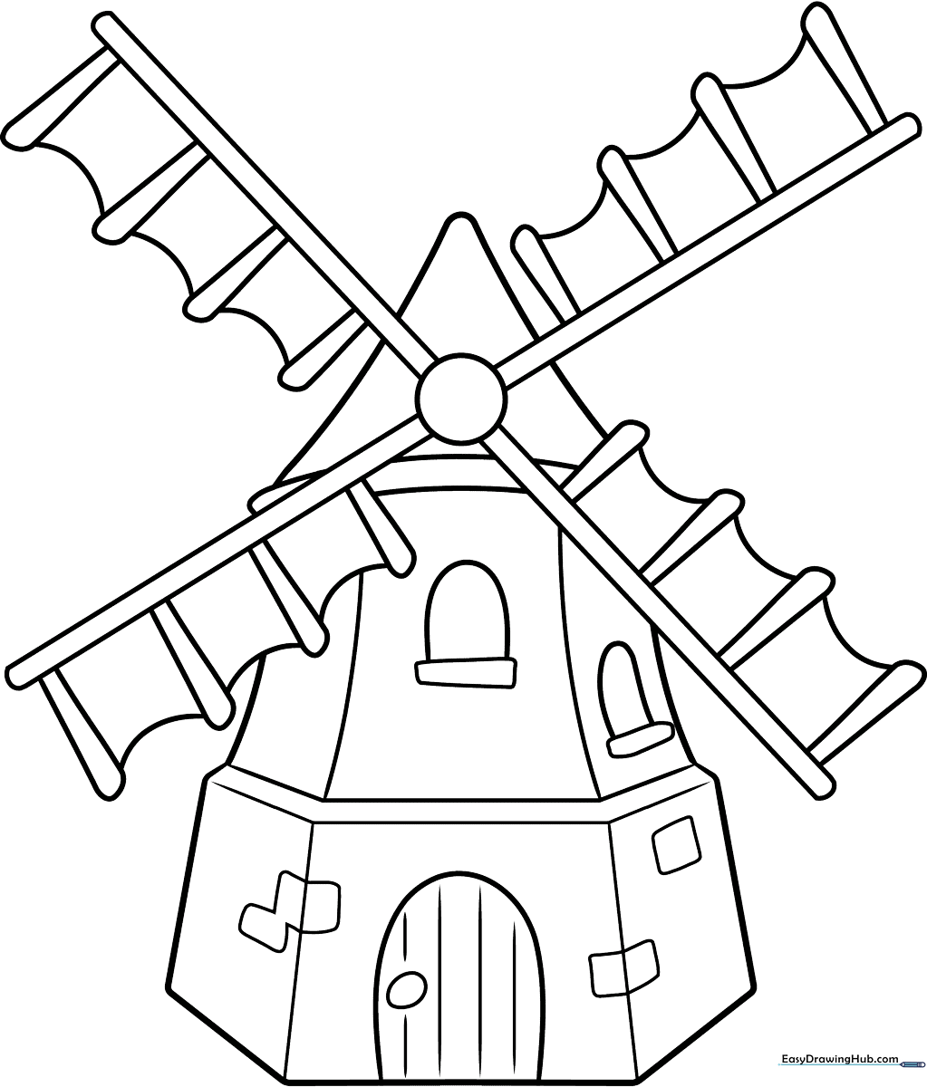 Black and white line art of a classic windmill with large sails, designed for children to color and practice staying within the lines.