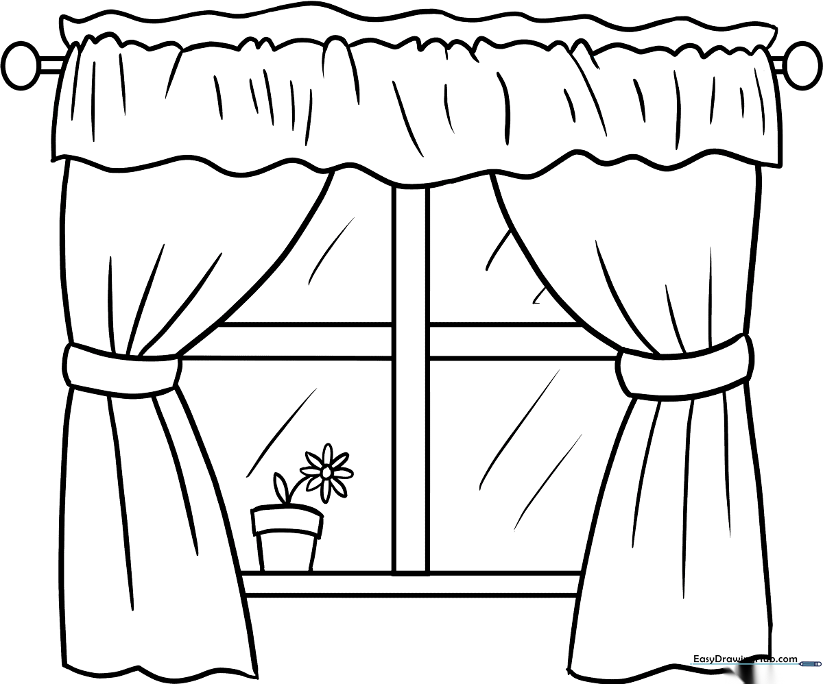 Black and white line art of a square window with four panes, designed for children to color.